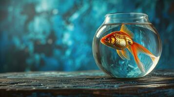 ai generiert ein beschwingt Goldfisch Schwimmen im ein runden Fischglas mit ein Blau Hintergrund foto