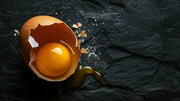 ai generiert geknackt Ei mit Eigelb auf dunkel Schiefer Hintergrund foto