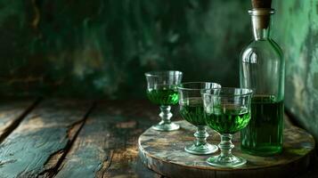 ai generiert Grün Kräuter- Alkohol, Absinth im Brille mit ein Flasche auf ein rustikal hölzern Tabelle foto