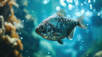 ai generiert ein heiter Fisch mit sternenklar Flecken gleiten im Blau Wasser foto