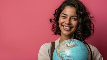 ai generiert lächelnd Frau mit Globus, vorschlagen ein Liebe zum Reise foto