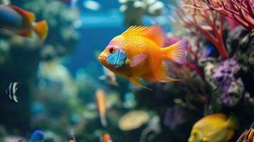 ai generiert bunt Orange Fisch Schwimmen im ein beschwingt Koralle Riff foto