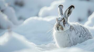 ai generiert ein Weiß Hase im ein schneebedeckt Landschaft foto