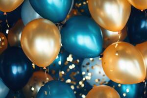 ai generiert Geburtstag Party Luftballons, golden und Blau Luftballons Hintergrund mit Konfetti und Bokeh Hintergründe ai generiert foto