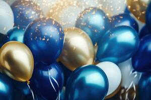 ai generiert Geburtstag Party Luftballons, golden und Blau Luftballons Hintergrund mit Konfetti und Bokeh Hintergründe ai generiert foto