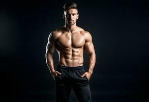 ai generiert schlank muskulös männlich Modell- beim schwarz Hintergrund. foto