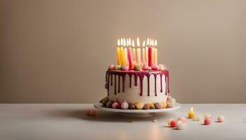 ai generiert Geburtstag Kuchen mit Kerzen und Süßigkeiten auf Weiß Tabelle in der Nähe von dunkel Beige Mauer foto