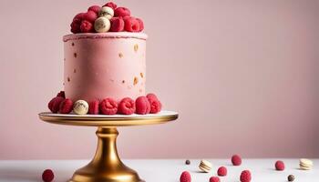 ai generiert hoch Rosa Kuchen dekoriert mit Makronen, Himbeeren und Schokolade Bälle auf golden Kuchen foto