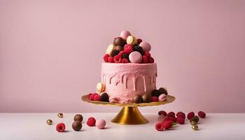 ai generiert hoch Rosa Kuchen dekoriert mit Makronen, Himbeeren und Schokolade Bälle auf golden Kuchen foto