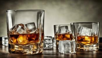 ai generiert Brille von Whiskey mit Eis im ein retro Rahmen foto
