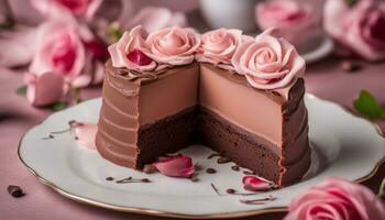 ai generiert Rose Schokolade Mousse Kuchen auf ein schön Teller Nahansicht Sahne foto