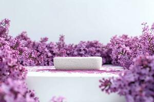 ai generiert Kosmetika Haut Pflege Produkt Präsentation Szene und Anzeige gemacht mit Bimsstein Stein Podium und lila Blumen. Studio Fotografie. generativ ai. foto