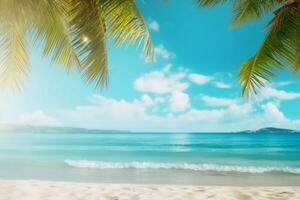 ai generiert Palme Baum auf tropisch Strand mit Blau Himmel und Weiß Wolken abstrakt Hintergrund. Kopieren Raum von Sommer- Ferien und Geschäft Reise Konzept. Jahrgang Ton Filter bewirken Farbe Stil. foto