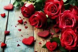 ai generiert Rosen und ein Herzen auf hölzern Planke, Valentinsgrüße Tag Hintergrund, Hochzeit Tag. generativ ai. foto