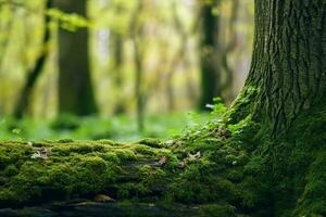 ai generiert alt bewachsen moosig Baum Kofferraum im Wald, abstrakt natürlich Grün Hintergrund. schön Landschaft. Frühling oder Sommer- Jahreszeit. Anzeige zum Produkt. Vorlage zum Design. lange Banner. foto