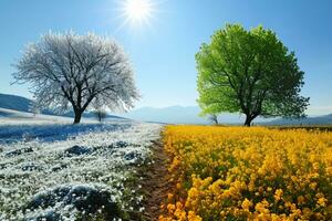 ai generiert Winter und Frühling Landschaft mit Blau Himmel. Konzept von Veränderung Jahreszeit. generativ ai foto