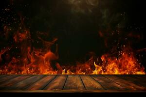 ai generiert hölzern Tabelle mit Feuer Verbrennung beim das Kante von das Tisch, Feuer Partikel, Funken, und Rauch im das Luft, mit Feuer Flammen auf ein dunkel Hintergrund zu Anzeige Produkte. generativ ai. foto