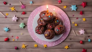 ai generiert oben Aussicht Kinder Geburtstag Tabelle Konzept. Schokolade Muffin Kerze und Dekoration Party auf hölzern Hintergrund mit Kopieren Raum eben legen foto