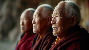 ai generiert ein Gruppe von Buddhist Mönche Stehen zusammen. generativ ai foto