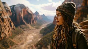 ai generiert ein Frau im ein Hut und Jacke Blicke beim das Berge im das Distanz. generativ ai foto