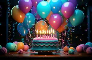 ai generiert Geburtstag Karte Bildschirmfoto Miniaturansicht mit Geburtstag Kerzen und Luftballons foto