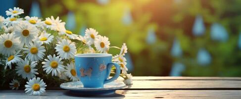 ai generiert Gänseblümchen im ein Blau Tasse auf ein hölzern Tabelle foto