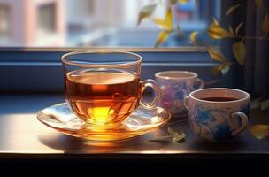 ai generiert Tee Tassen auf hölzern Tabelle auf dunkel Hintergrund foto