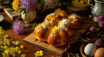 ai generiert golden Gebäck dekoriert mit Eier und Blumen auf ein hölzern Bett Tabelle foto