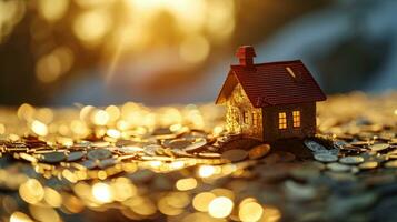 ai generiert Haus auf Stapel von Münzen und glänzend Licht zum Immobilien foto