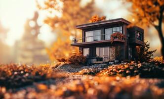 ai generiert Miniatur Haus auf Natur Hintergrund foto