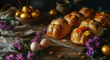 ai generiert golden Gebäck dekoriert mit Eier und Blumen auf ein hölzern Bett Tabelle foto