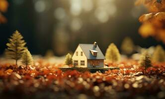 ai generiert Miniatur Haus auf Natur Hintergrund foto