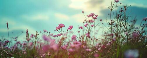 ai generiert Grün Gras mit Blumen und viele von Rosa und lila Wolken foto