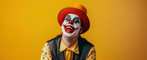 ai generiert glücklich Clown auf Gelb Hintergrund foto