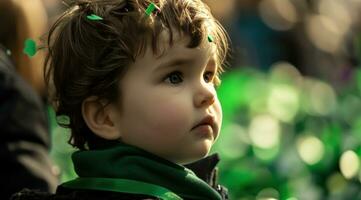 ai generiert ein Kleinkind beim das st Patricks Tag Parade umgeben durch Kleeblätter foto