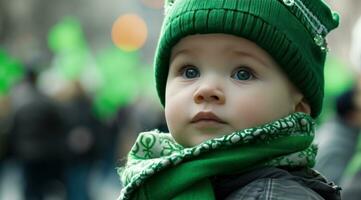 ai generiert ein Kleinkind beim das st Patricks Tag Parade umgeben durch Kleeblätter foto