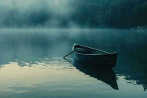 ai generiert ein klein Kanu ist gesehen schwebend im das Wasser Nebel foto