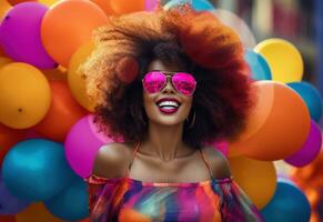 ai generiert ein glücklich schön jung Frau mit groß afro hat Spaß mit Luftballons foto