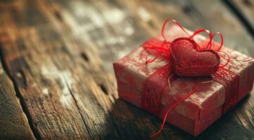 ai generiert Valentinstag Geschenk Tutorials mit Geschenk Box auf ein rustikal Holz Hintergrund foto