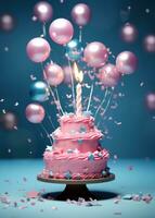 ai generiert ein Rosa Geburtstag Kerze Kuchen ist umgeben durch Sterne und Luftballons foto