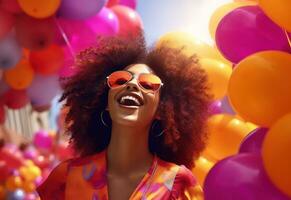 ai generiert ein glücklich schön jung Frau mit groß afro hat Spaß mit Luftballons foto