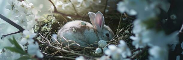 ai generiert Ostern Ei Hase im ein Nest durch Blumen foto