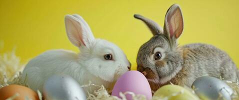 ai generiert Ostern Hasen im Vorderseite von bunt Eier Hintergrund foto