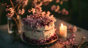 ai generiert ein Geburtstag Kuchen mit Blumen auf ein Tabelle foto