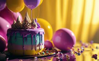 ai generiert ein bunt Geburtstag Kuchen Sitzung Nächster zu Luftballons foto