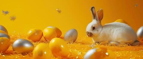ai generiert ein Hase und etwas Eier Sitzung im das Mitte von ein Orange Hintergrund foto