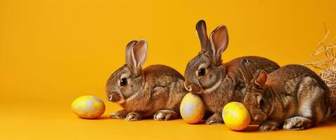 ai generiert ein Bündel von braun Kaninchen mit Gelb Ostern Eier auf ein Orange Hintergrund foto