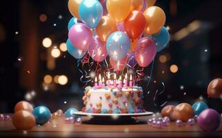 ai generiert ein Geburtstag Kuchen mit Luftballons im es foto