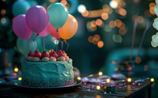 ai generiert ein Geburtstag Kuchen mit Luftballons im es foto