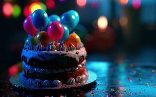 ai generiert ein Geburtstag Kuchen mit Luftballons im es foto